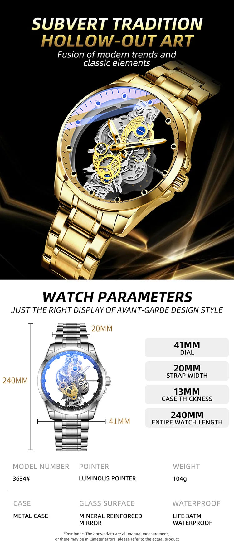 New Men Watch Skeleton Automatic Quartz Watch Golden Skeleton Vintage Man Watch Mens Watches Brand Fashion trend montre homme