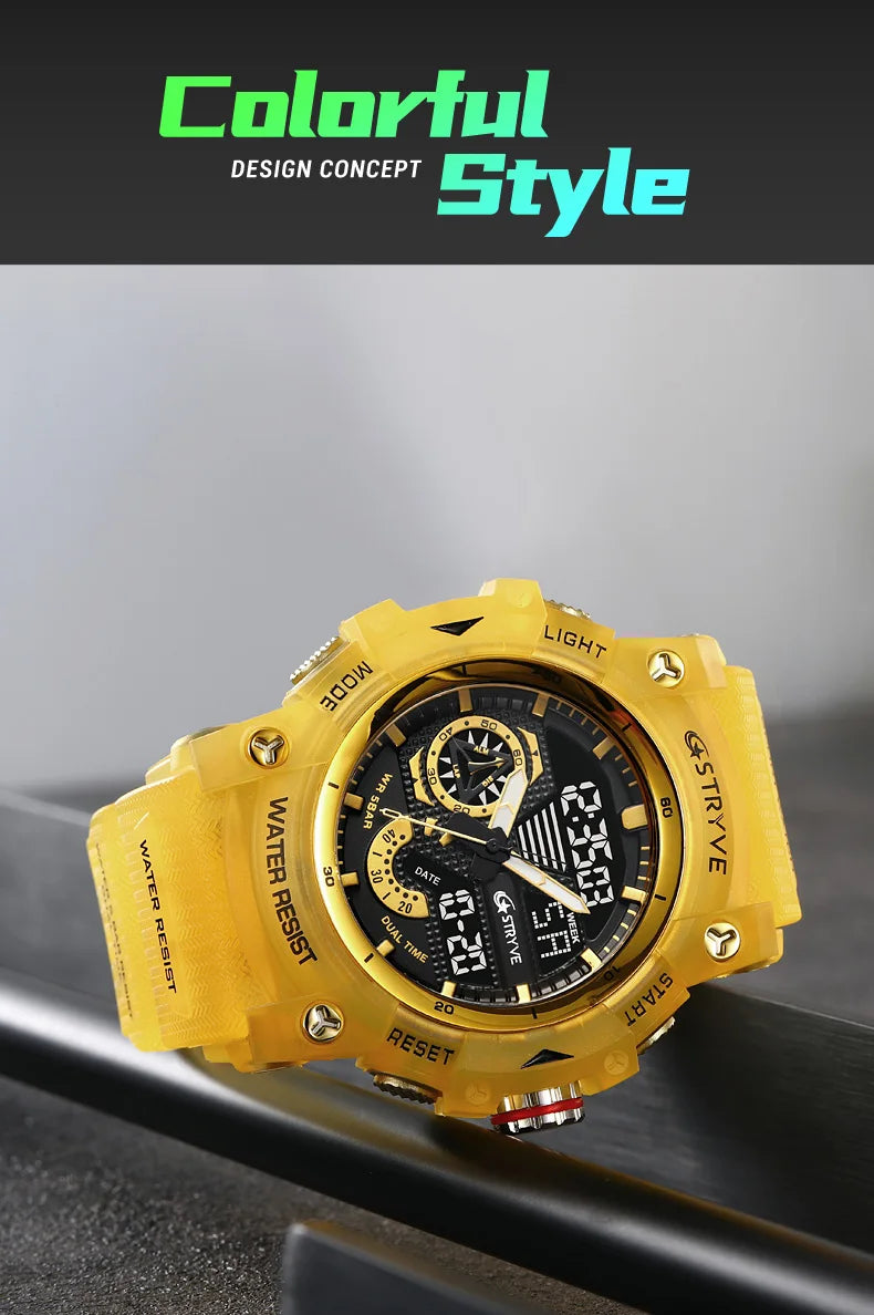 STRYVE Electronic Fashion Men's Sport Watches Shock Resistant 50M Waterproof Wristwatch LED Alarm Stopwatch Clock Men 8029