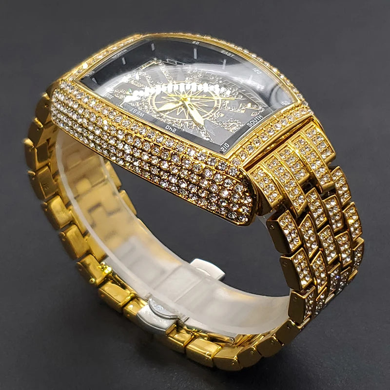 Classic 55mm Black Dial Wristwatch Men Famous Brand Diamond Silver Quartz Watch Original Ice Out Shiny Waterproof Clock 2023 New