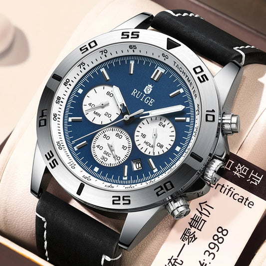 RUIGE Men's Watch Fashionable Men's Multi functional Watch Waterproof Glow Leather Strap Wrist Watch