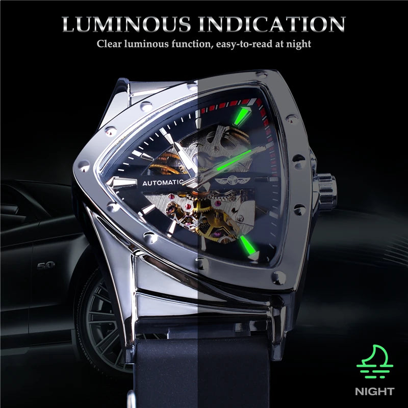 Winner 395R WINNER Minimalist Automatic Watch for Men Creative Triangle Dial Brand Luxury Business Mechanical Watches Silicone