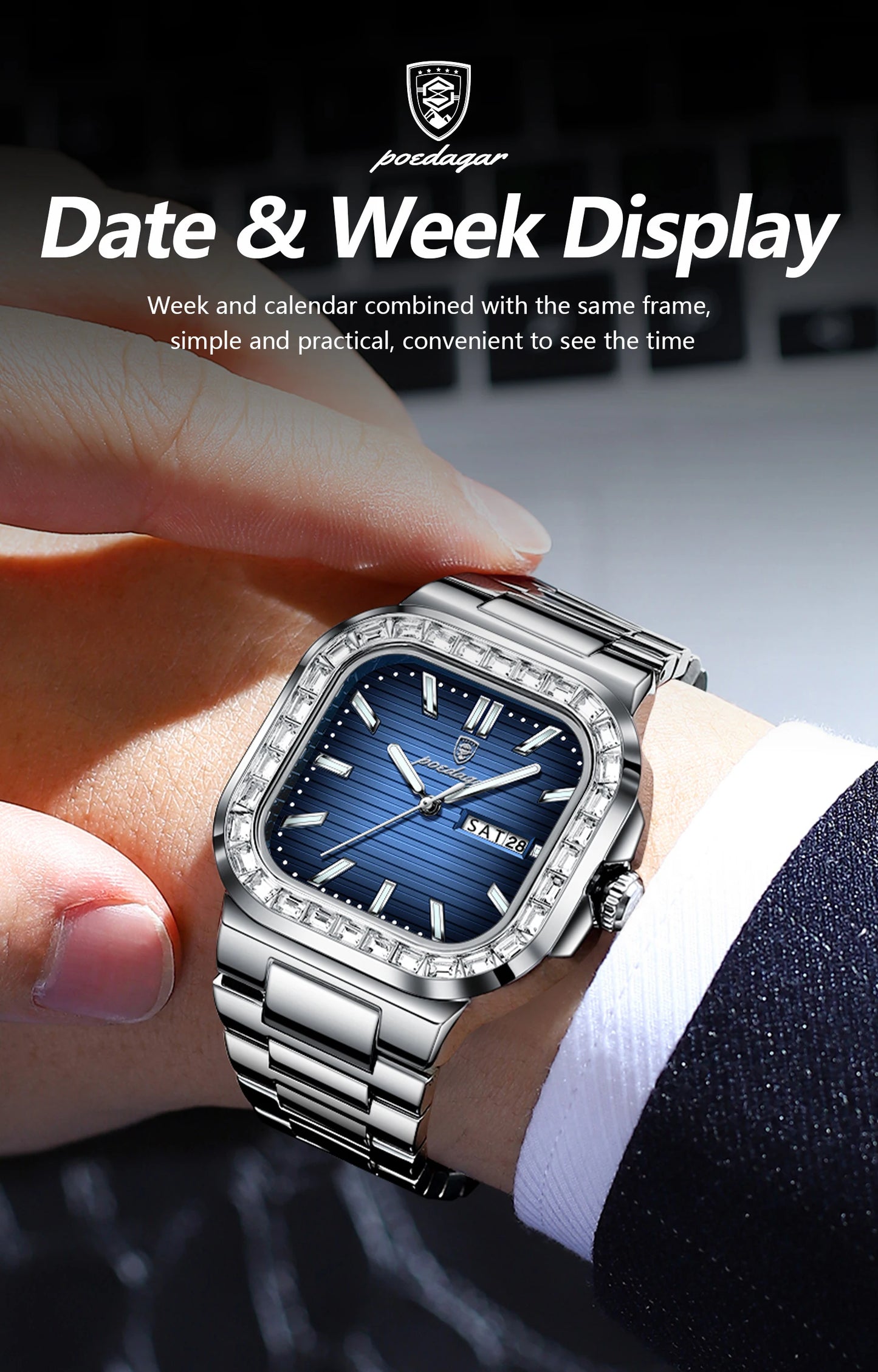 POEDAGAR Top Brand Luxury Watch for Men Waterproof Luminous Date Week Man Wristwatch Stainless Steel Square Quartz Men's Watches