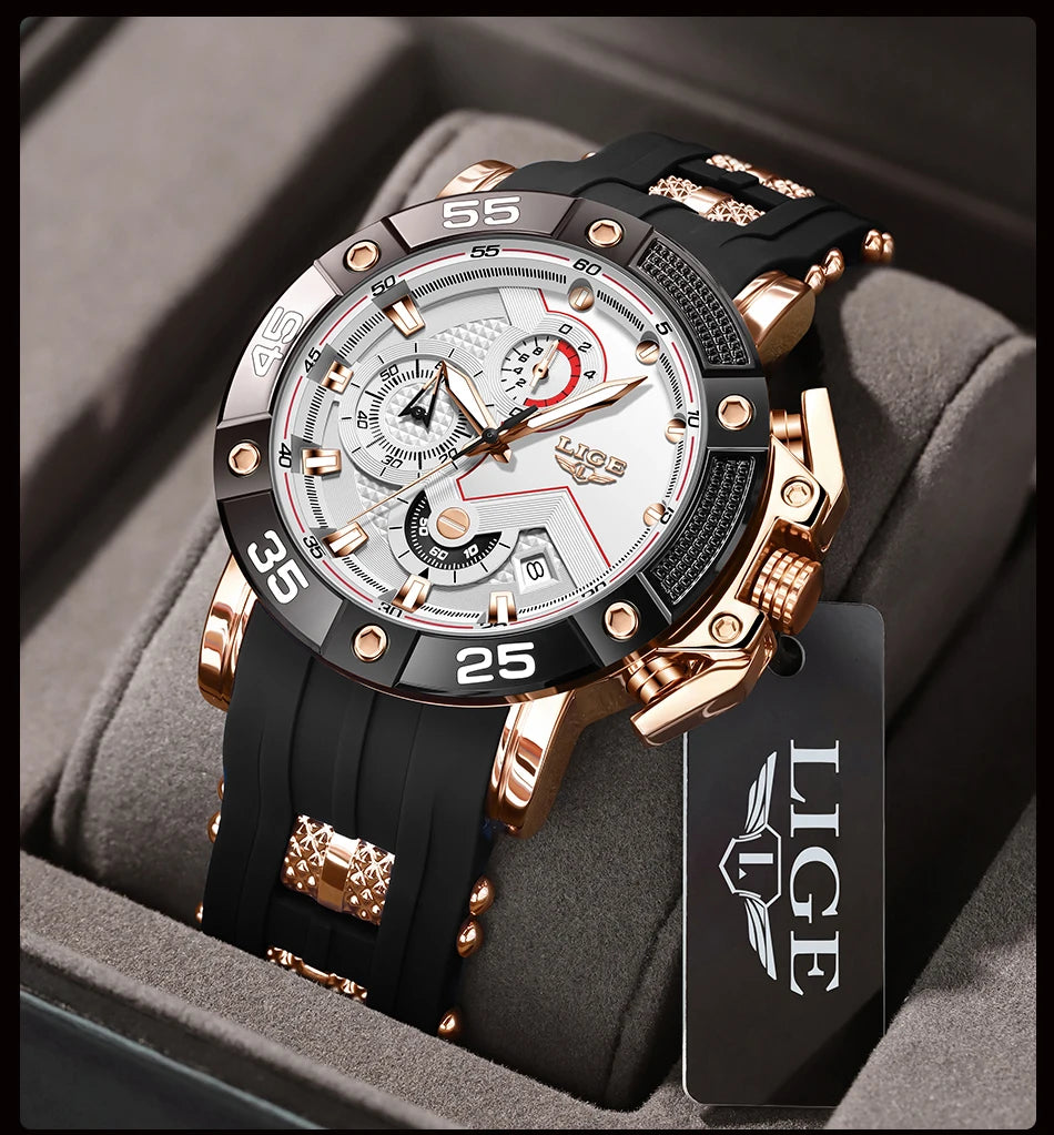 LIGE Mens Watches Top Brand Luxury Big Dial Watch Men Silicone Military Sports Waterproof Quartz Watch For Men Relogio Masculino