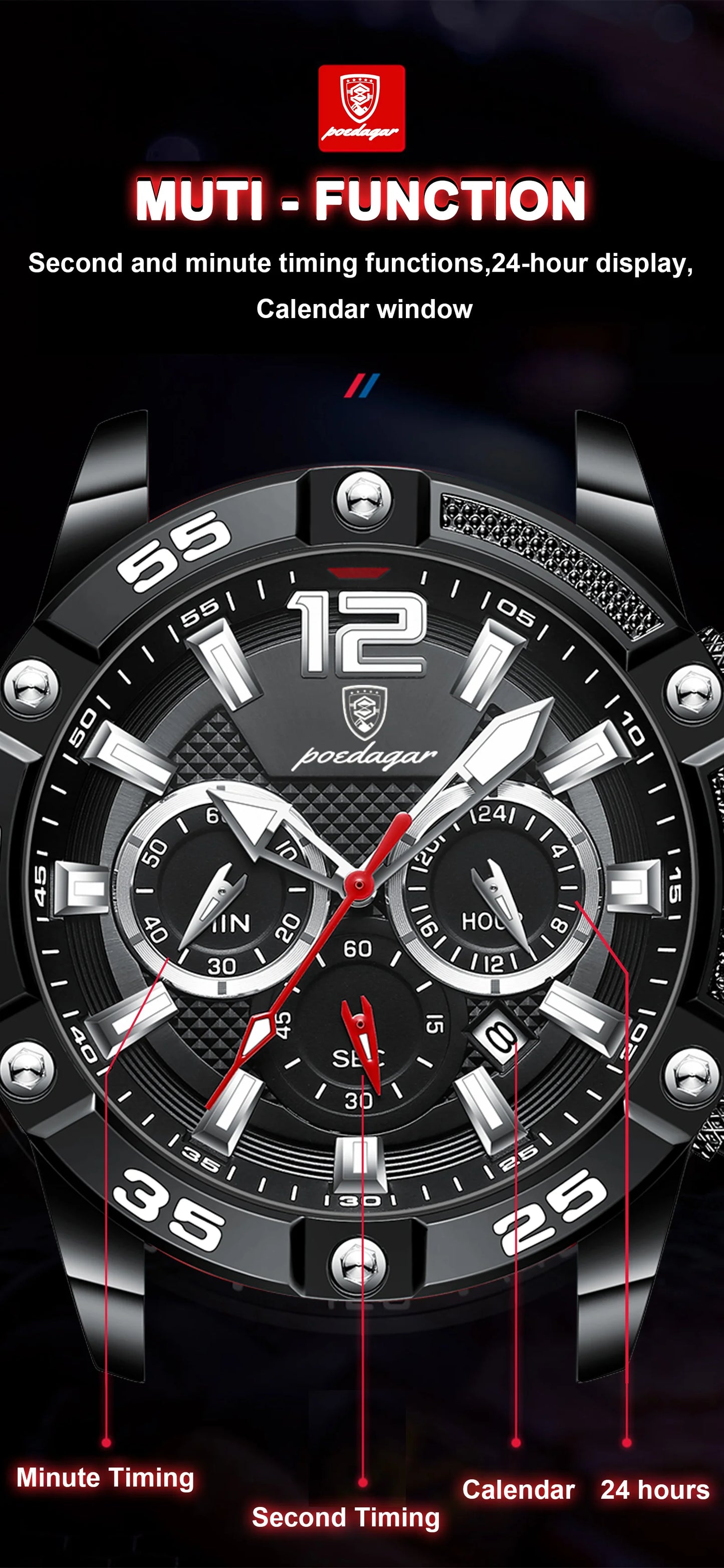 POEDAGAR Luxury Man Wristwatch Sport Chronograph Waterproof Luminous Date Watches for Men Casual Quartz Silicone Men Watch Reloj