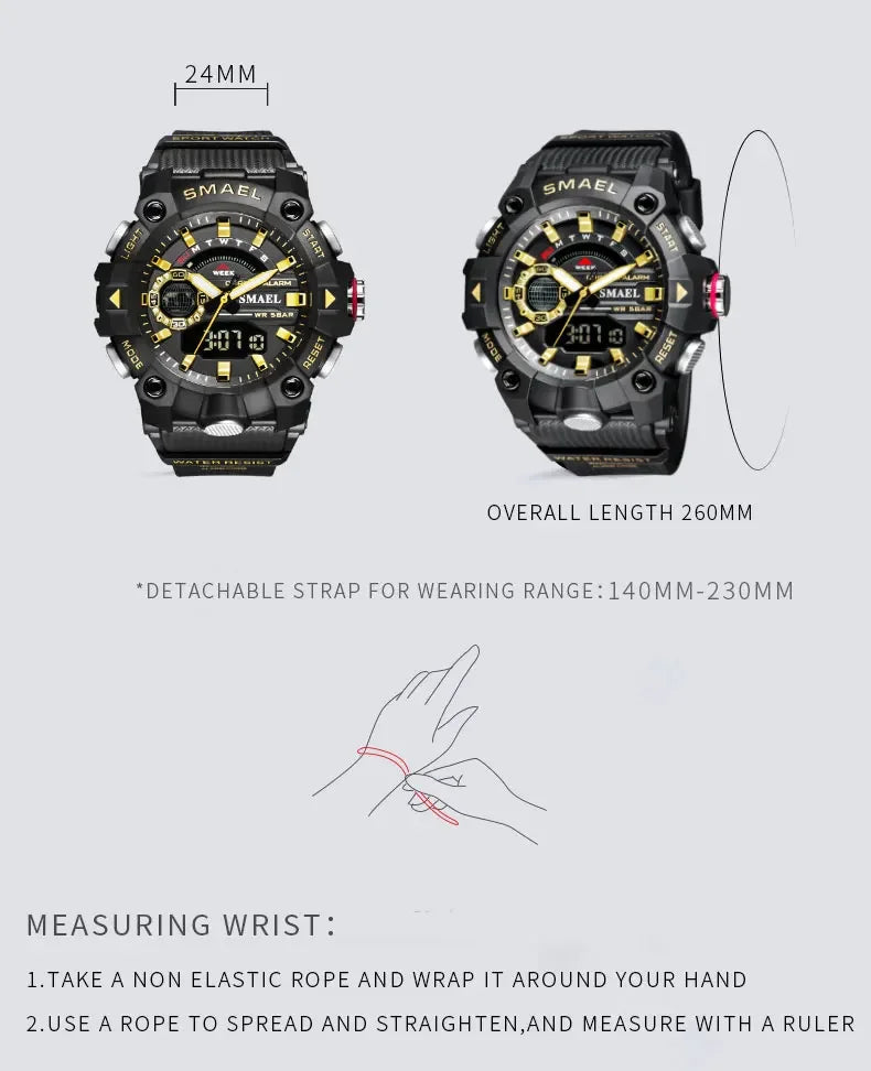 SMAEL 8040 50M Waterproof Wristwatch Stopwatch Alarm LED Light Digital Watches  Men's Sports Watch  Military Watches Men Watch