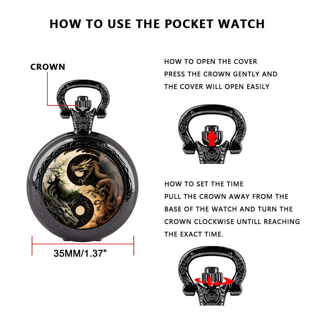 Creative Yin-Yang Dragon Design Pendant Quartz Pocket Watch Souvenir Chain Pocket Watch Arabic Numerals With Personality Gift