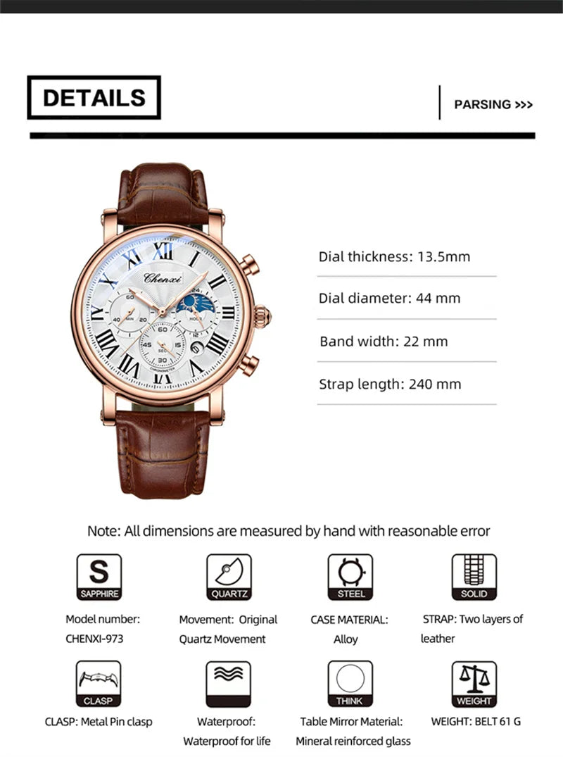 CHENXI 973 Men's Wristwatch Multi-functional Business Watch Moon Phase Date Waterproof Rome Dial Leather Quartz Watches for Man
