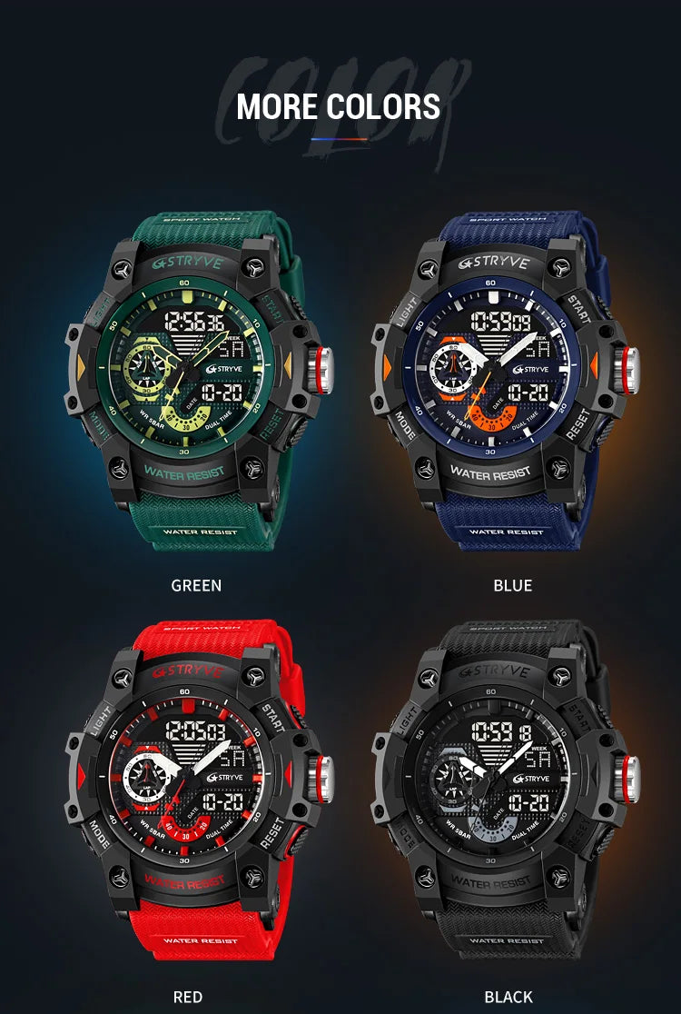 STRYVE Electronic Fashion Men's Sport Watches Shock Resistant 50M Waterproof Wristwatch LED Alarm Stopwatch Clock Men 8029
