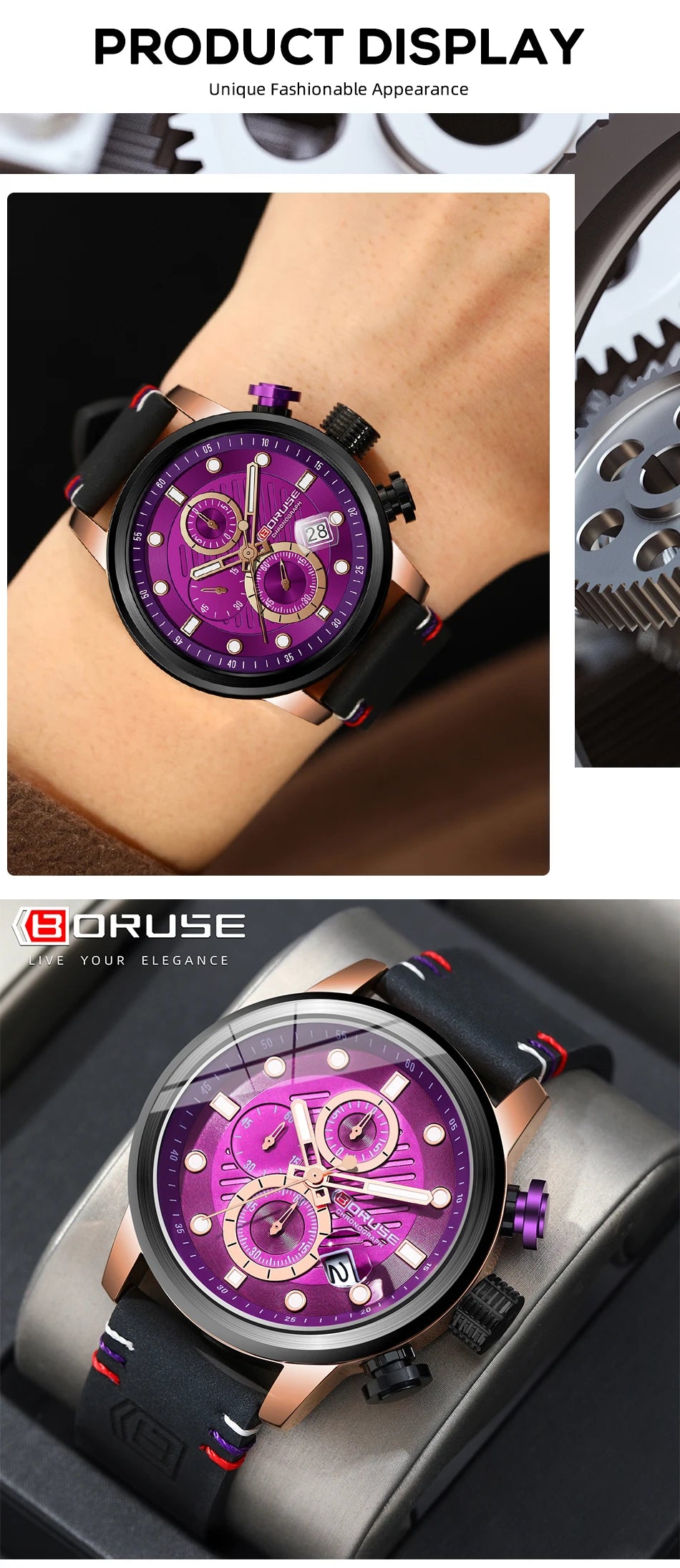 BORUSE New Fashion Mens Watches Top Brand Luxury Military Quartz Watch Man Premium Leather Waterproof Sport Chronograph Watch