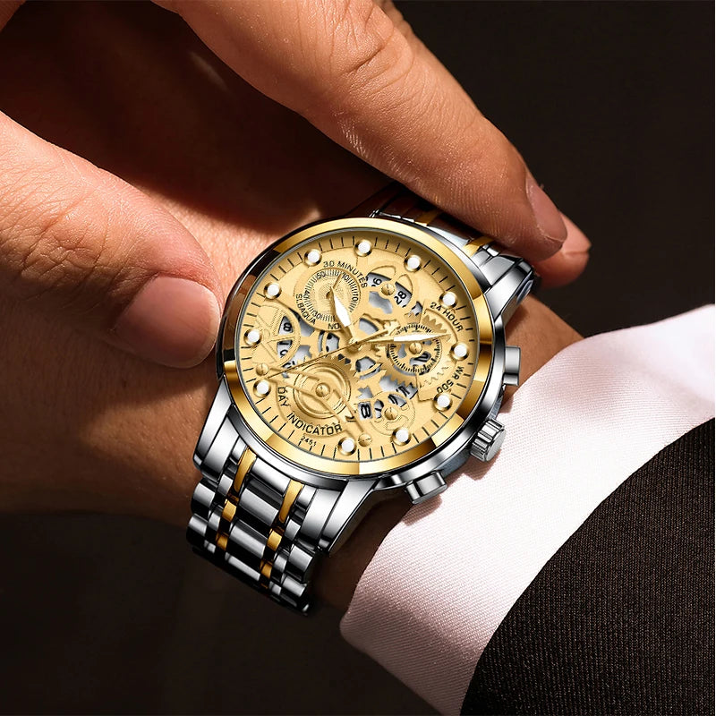 Men's Business Watch Skeleton Design Fashion Mechanical Style Stainless Steel Quartz Movement Calendar Waterproof Men WristWatch