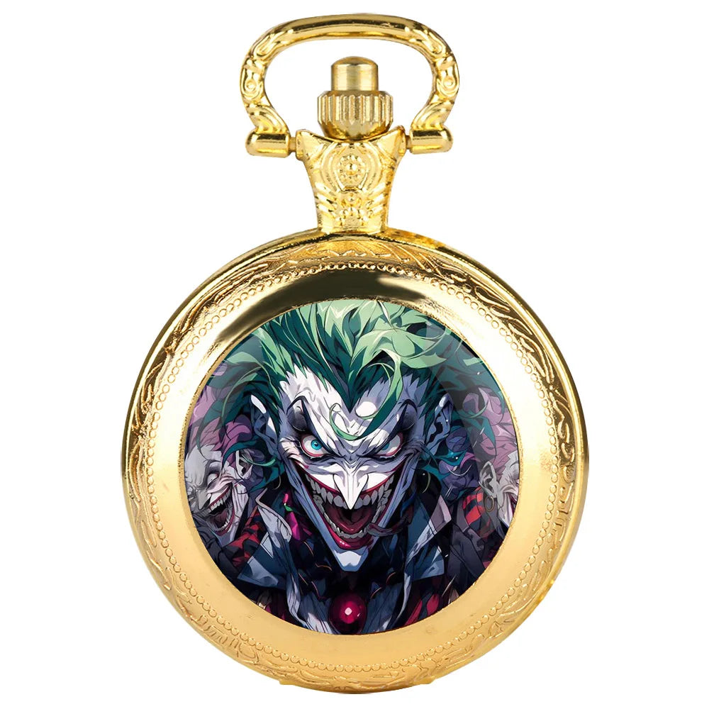 Joker Themed Glass Dome Quartz Pocket Watch Classic Arabic Numeral Dial with Durable Chain for Men Creative Gifts