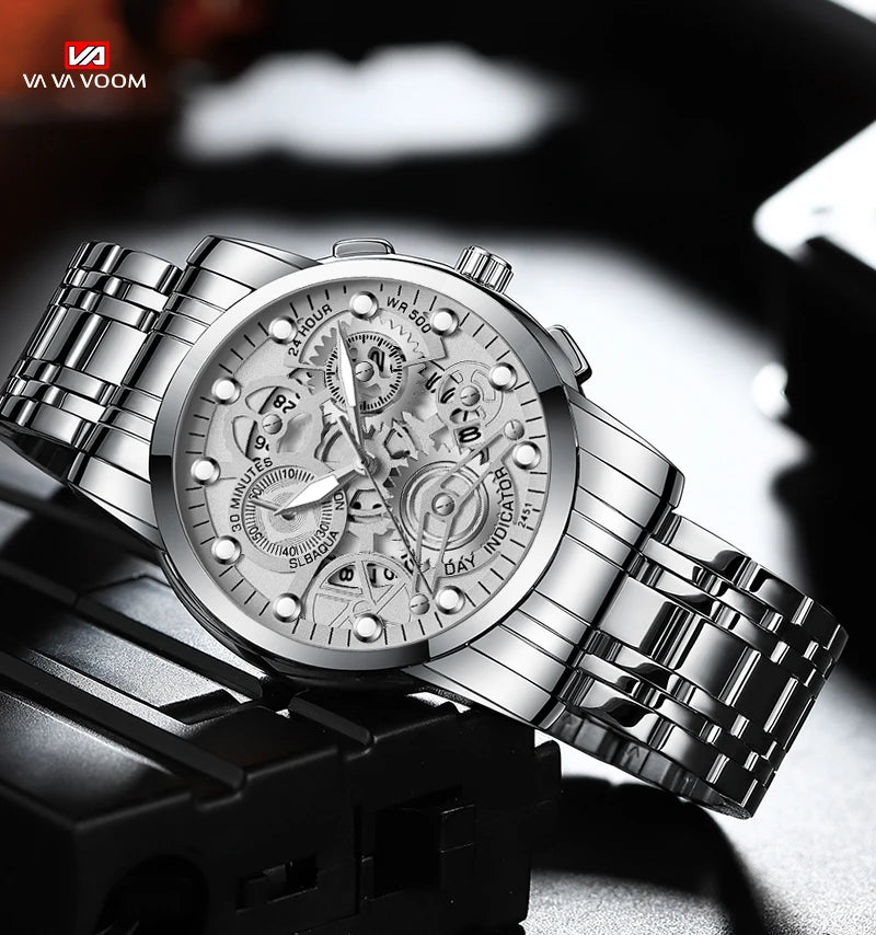 Men's Business Watch Skeleton Design Fashion Mechanical Style Stainless Steel Quartz Movement Calendar Waterproof Men WristWatch