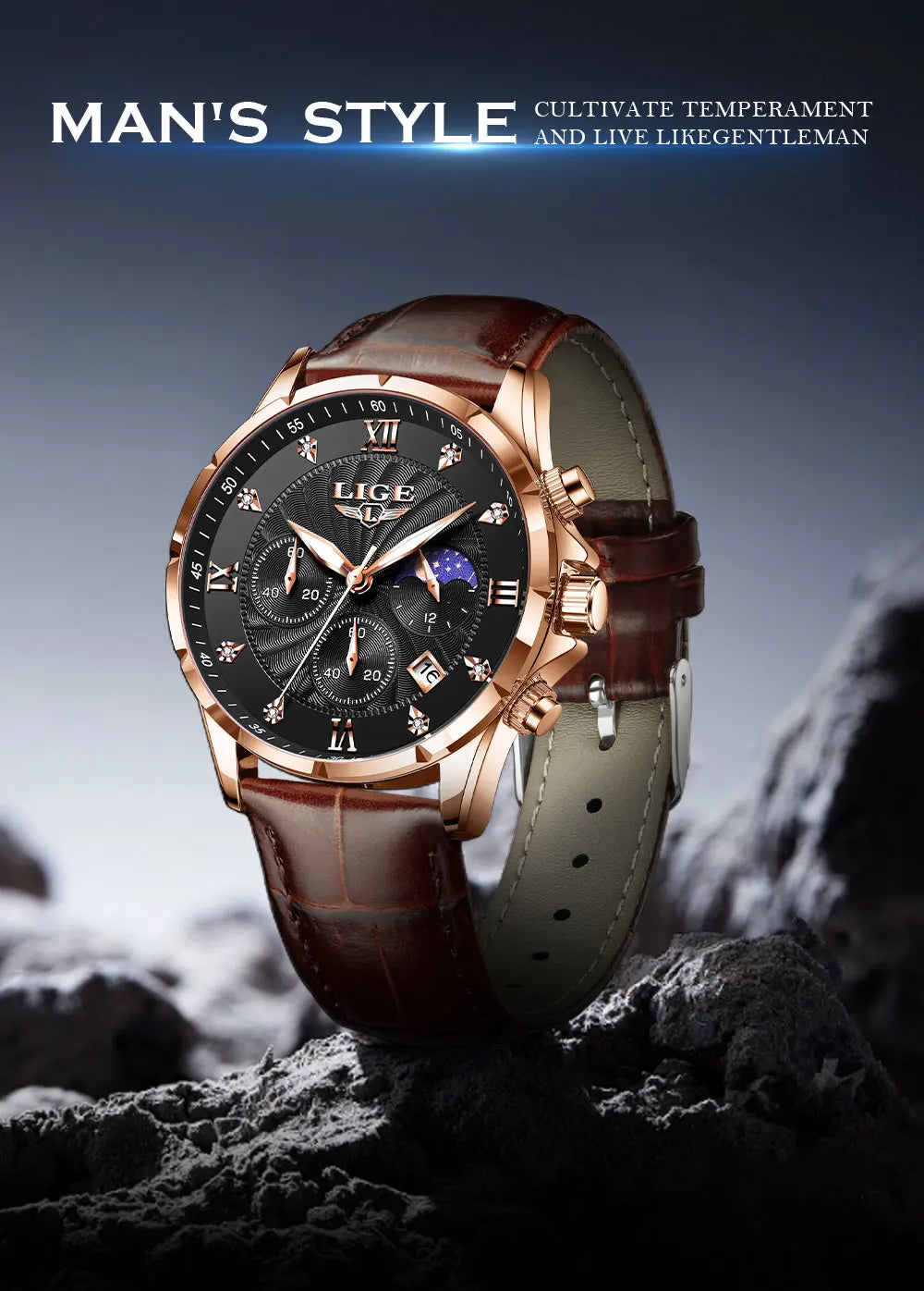 LIGE Men's Watch Luxury Business Luminous Waterproof Leather Watches Moon Phase Week Date Casual Quartz Watch Men Reloj hombre
