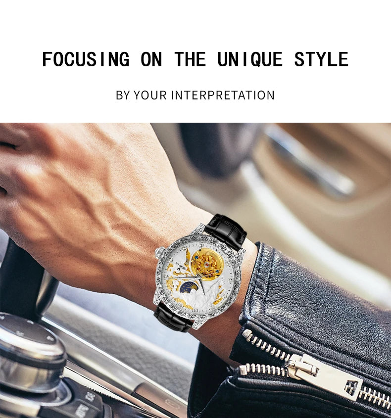SKROX Original Gold Tiger Diamond Elegant Men's Watch Moon Phase Tourbillon Automatic Mechanical High-end Luxury Male Clockwork