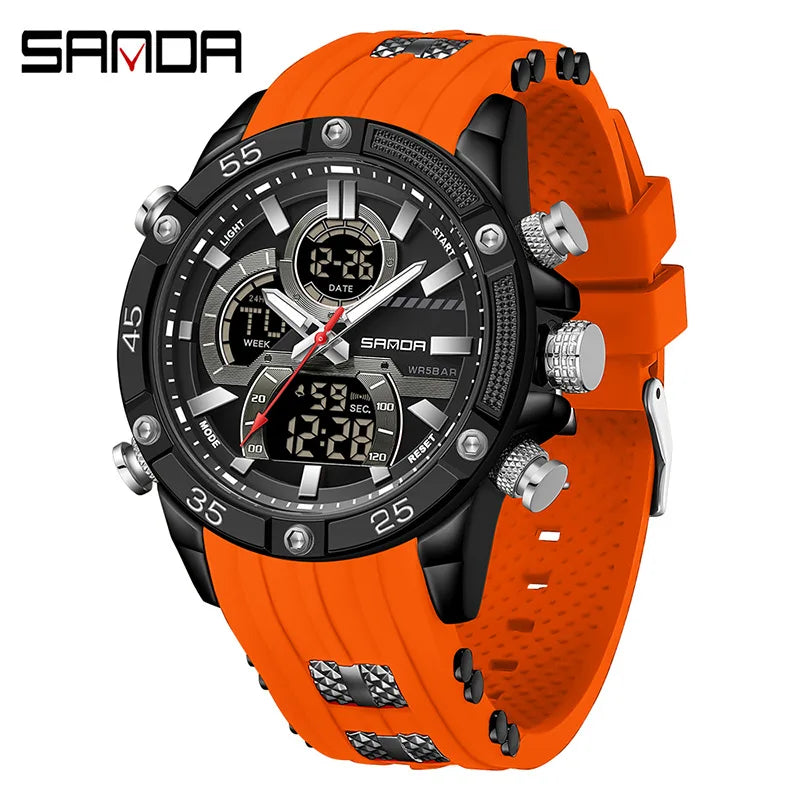 SANDA 6162 Men's Electronic Watch Creative Sports Waterproof Luminous Chronograph Pointer Digital Dual Display Wristwatches