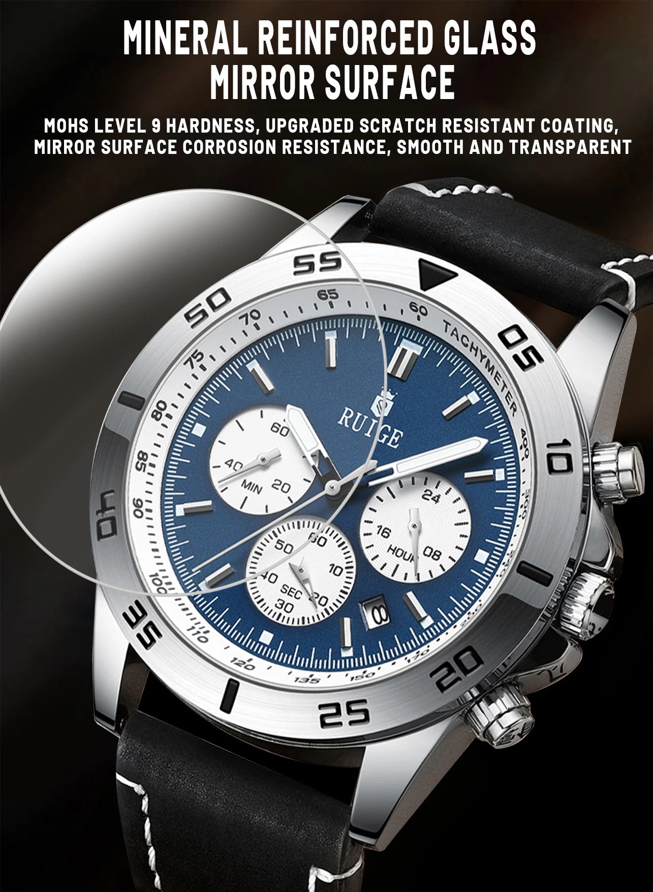 RUIGE Men's Watch Fashionable Men's Multi functional Watch Waterproof Glow Leather Strap Wrist Watch