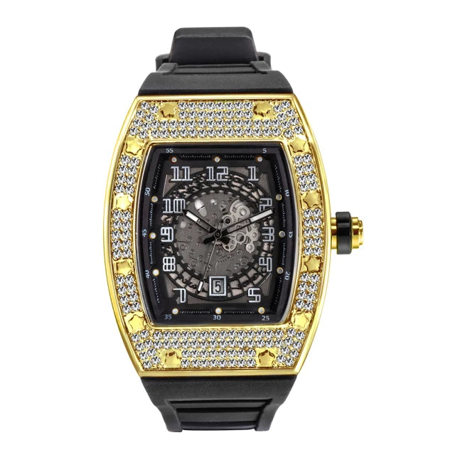 MISSFOX New Men Wrist Watches Tonneau Rubber Strap Waterproof Male Quartz Watch Unique Classic Gold Hollow Men's Clocks Gifts