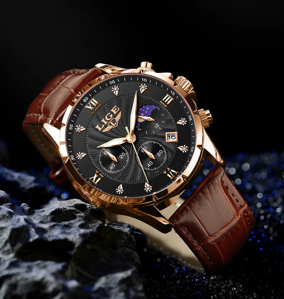 New Mens Watches LIGE Top Brand Luxury Leather Casual Quartz Watch Men's Sport Waterproof Clock Watch Relogios Masculino+Box