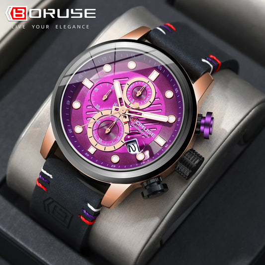 BORUSE New Fashion Mens Watches Top Brand Luxury Military Quartz Watch Man Premium Leather Waterproof Sport Chronograph Watch