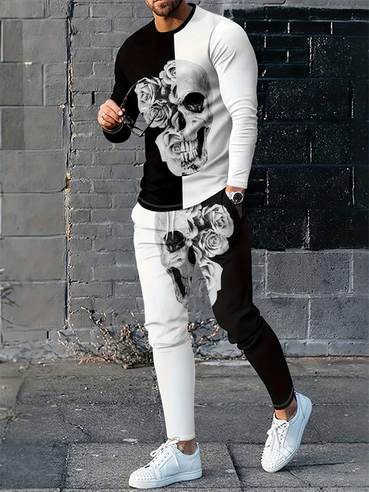 2024 New 3D Skull Print Men's Long Sleeve T-shirt And Pants Autumn Everyday Casual Men's Fashion Halloween Suit Two-piece